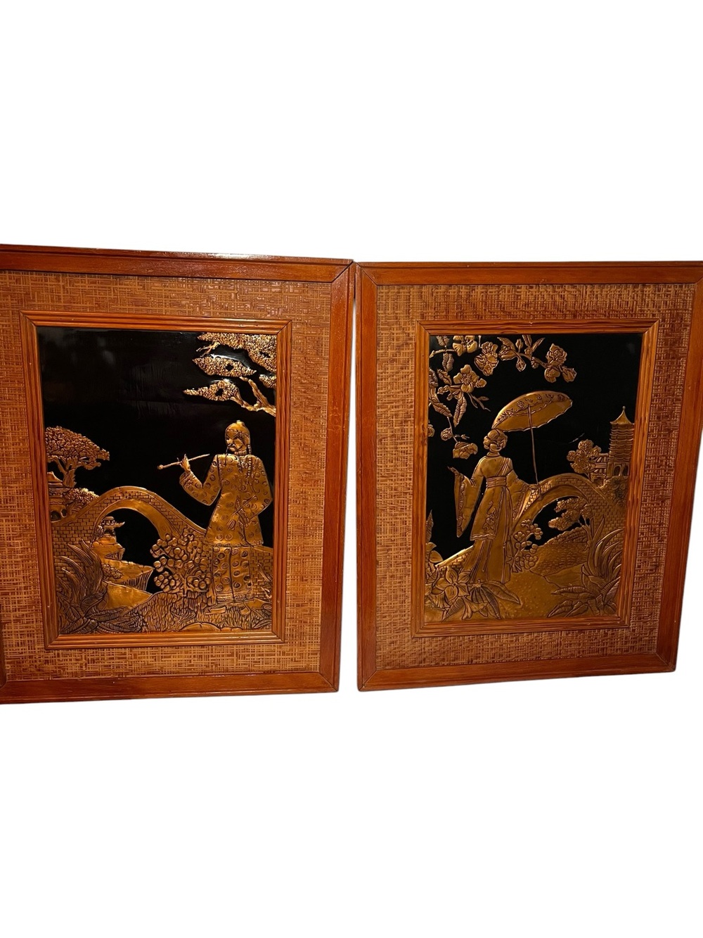 Vintage Mid-Century Modern copper wall art repoussé and chased Asian themes